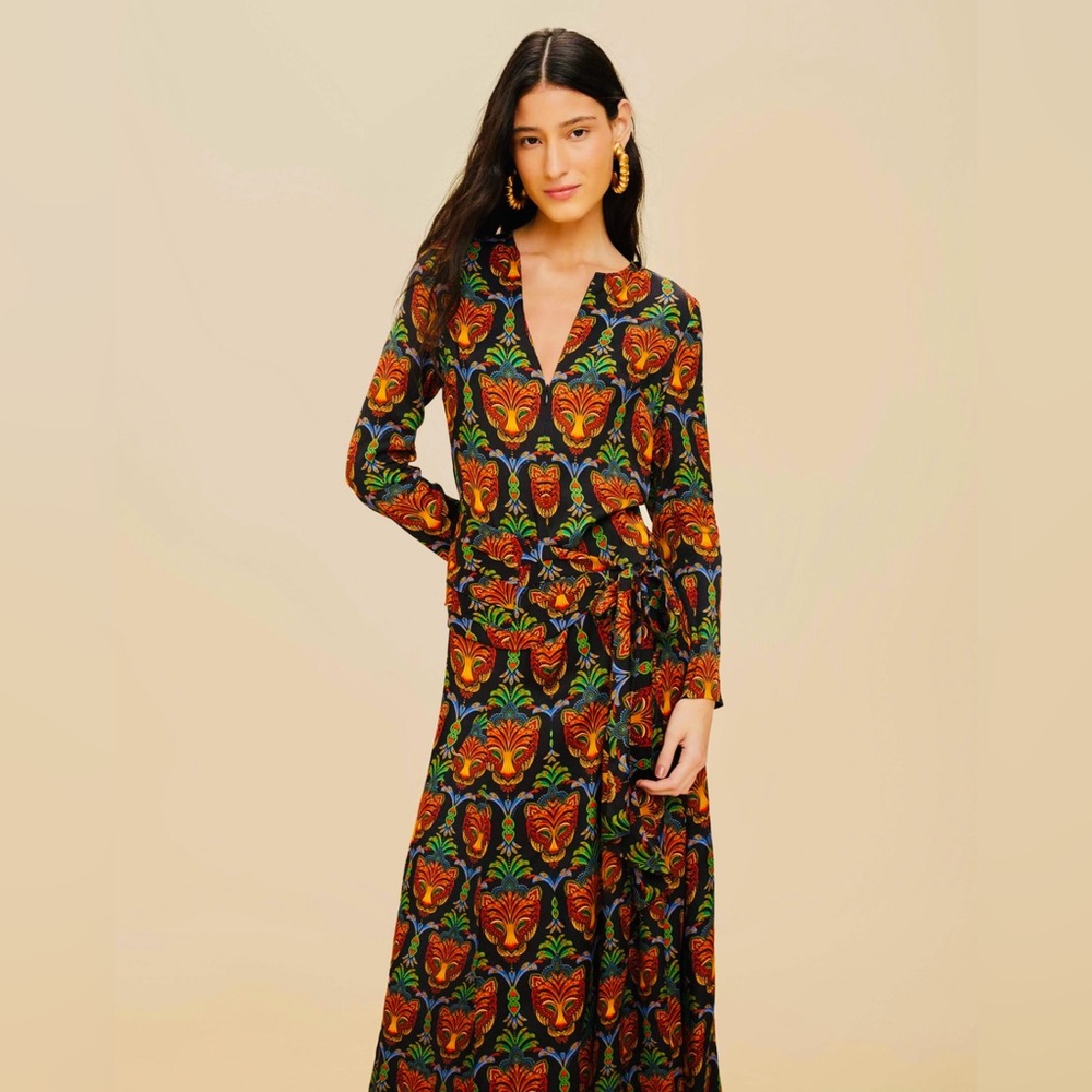 FARM Rio Boho Panther Black Long Sleeve Dress S Maxi Machine Wash